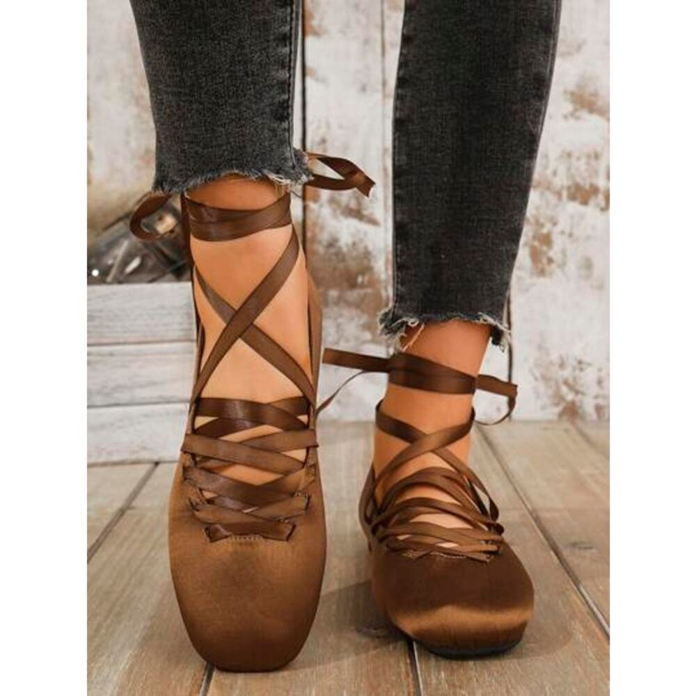 Zara NWT Ochre Brown Lace Up Satin Ballet Flats 7.5 - Picture 11 of 16